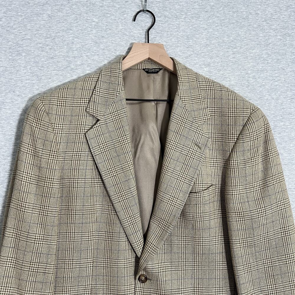 Vintage Bill Blass Glen Check Sports Jacket Blazer Mens 42 Tan Silk Blend - Picture 2 of 16
